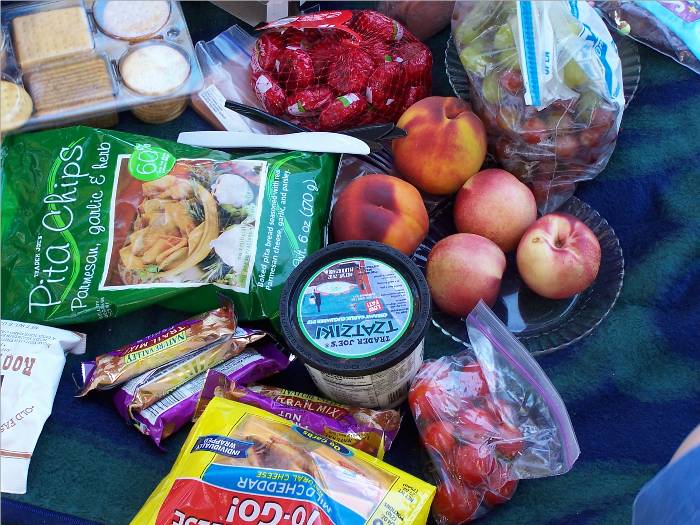 One of the things our family loves to do each summer is attend free concerts in the park!  Here is our feast . . .hey, where's the wine?