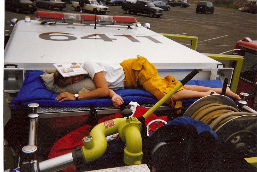 I was trying to catch some winks on top of the engine...we were staged in the middle of an Indian Casion parking lot!