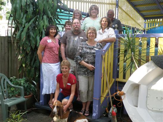 Top to bottom, left to right, CynB, Kathi (behind Lynne) Lynne, Possum (Peter), Kerrie, Keith, Grasshopper, Sabina, Vicki, and Broni with Bella the Basset.