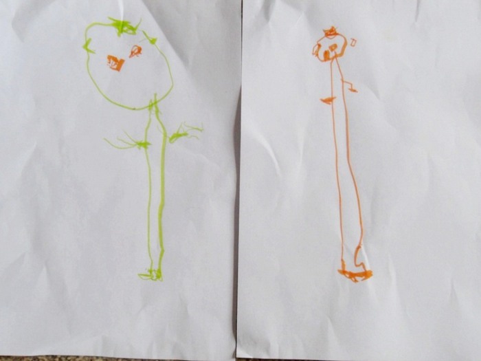 The green picture is a self-portrait.  The orange picture is Mommy.