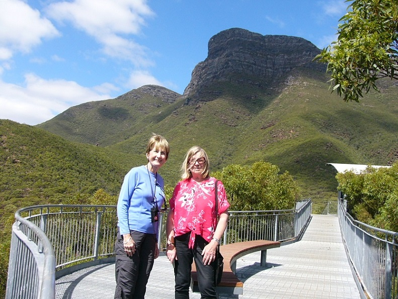 Kathy & Jane in front of Bluff Knoll. We detoured through the Stirling Ranges on the way to Perth and visited Bluff Knoll, the highest peak in the ranges. As we were driving through the ranges two emus ran across the road a short way in front of us. A lovely surprise for our visitors.