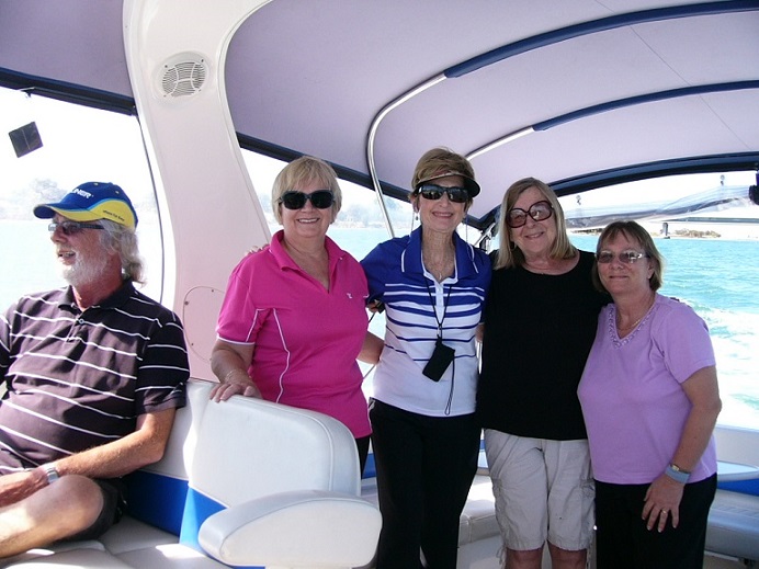 Gordon, Margaret, Kathy, Jane and Rolanda on a canal cruise in Mandurah