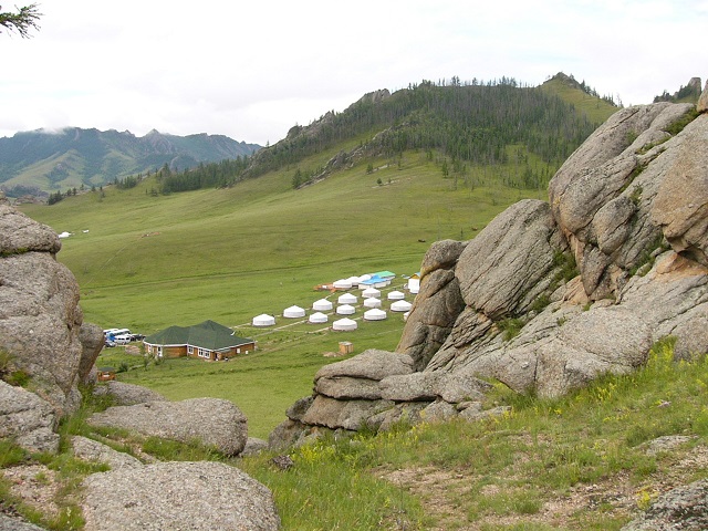 A view of our Ger camp, our ger is the second on the left, taken from the hill behind the camp which I climbed in the morning after breakfast.