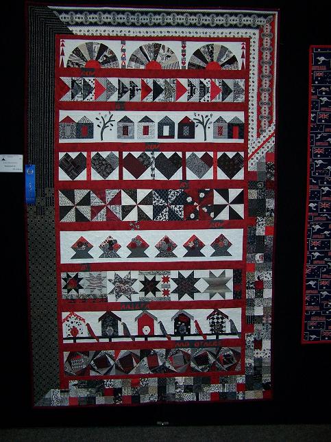 Made in a Row by Row exchange organised By the Southern Cross Quilters. She asked for rows in black and white with a touch of red.