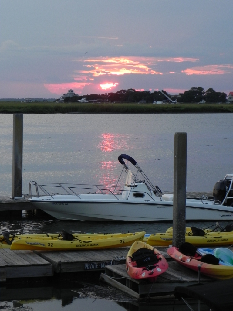 Sunset across the river at AJ's Dockside.  We biked to the restaurant and ate a wonderful meal outside.