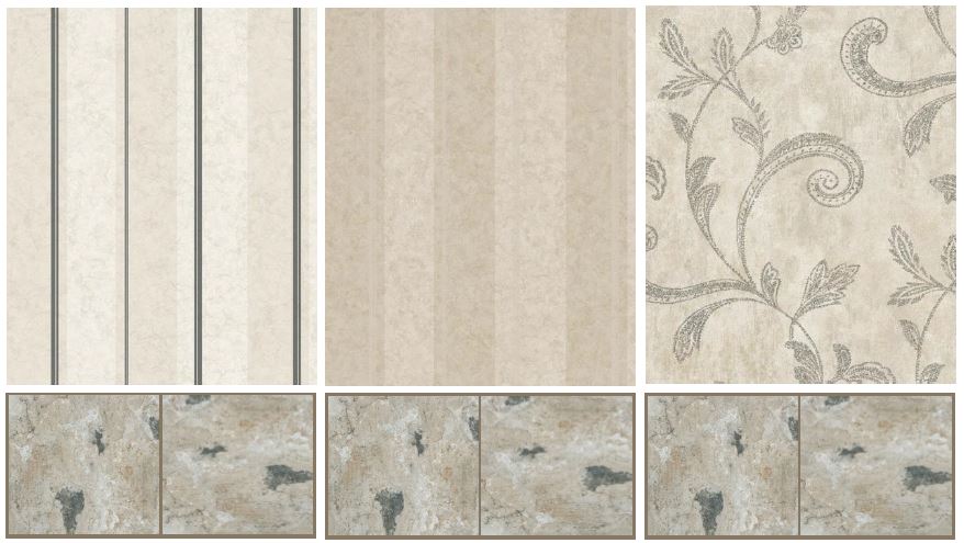 Master bath was tiled earlier in the year (below each wallpaper sample), and I've recently been motivated to strip the old wallpaper. We're down to 3 choices. Colors are close to true. The third one is the priciest. Thoughts if price were no object? Thoughts with a nod to "be reasonable"? Maybe it's the same for some of y'all.