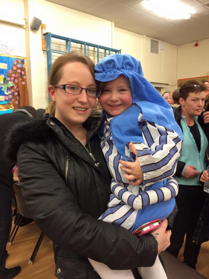 Belle in her Virgin Mary costume from preschool nativity play.