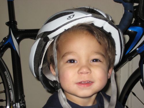 Brandon found his grandfather's bike helmet and wore it all afternoon!