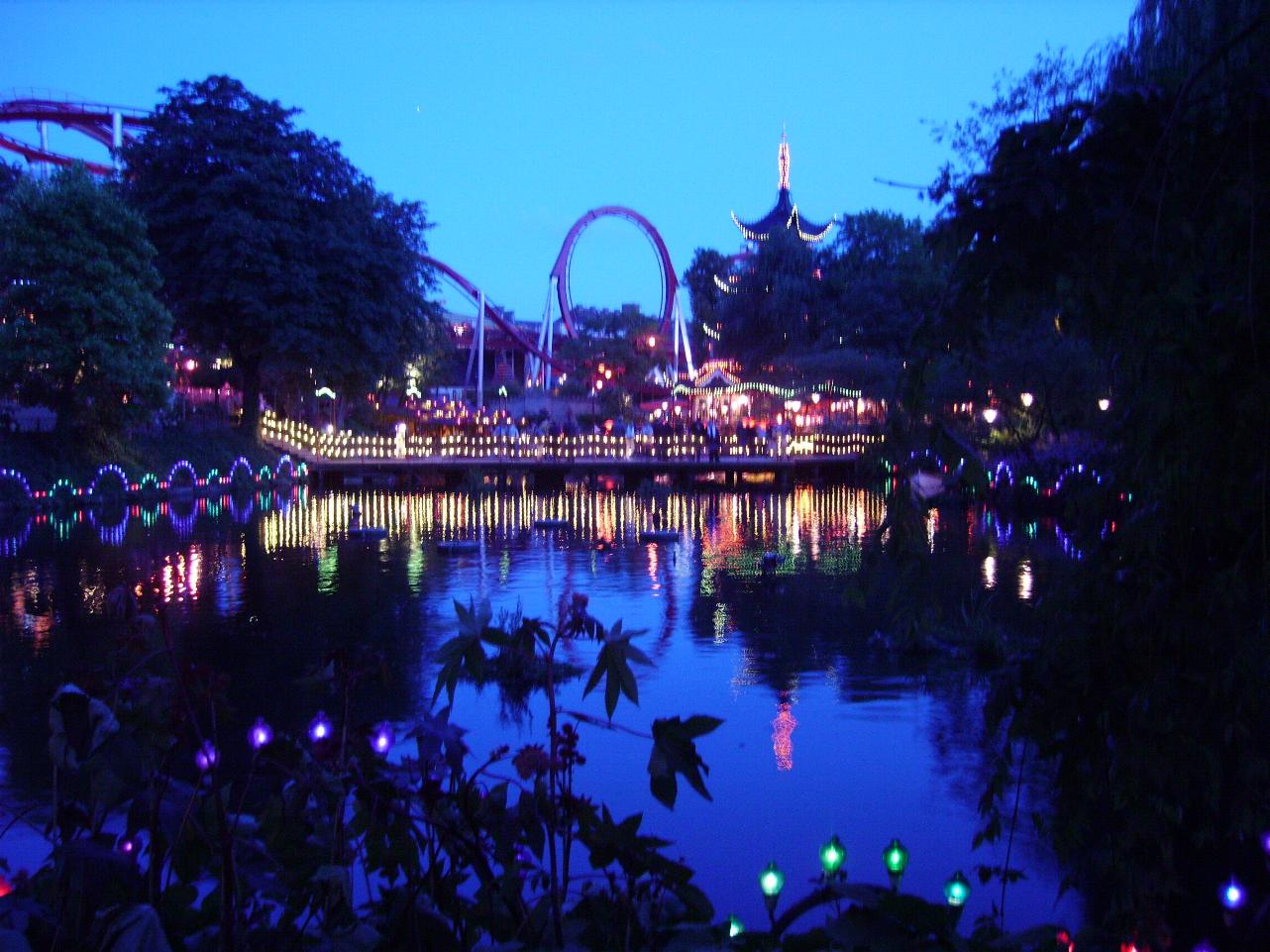 All lit up at night.A fun park in the centre of Copenhagen