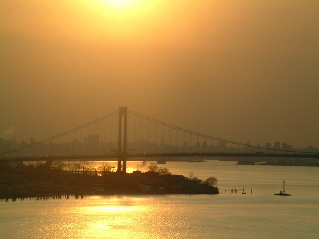 Whitestone Bridge & New York City Skyline, taken while I was driving across the Throgs Neck Bridge